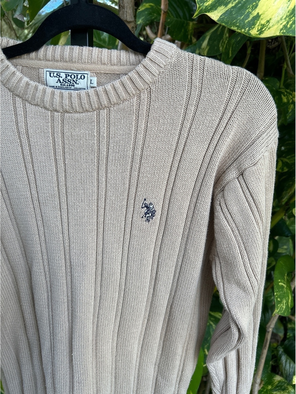 U.S. Polo Assn. Beige Ribbed Cotton Sweater, Size Large